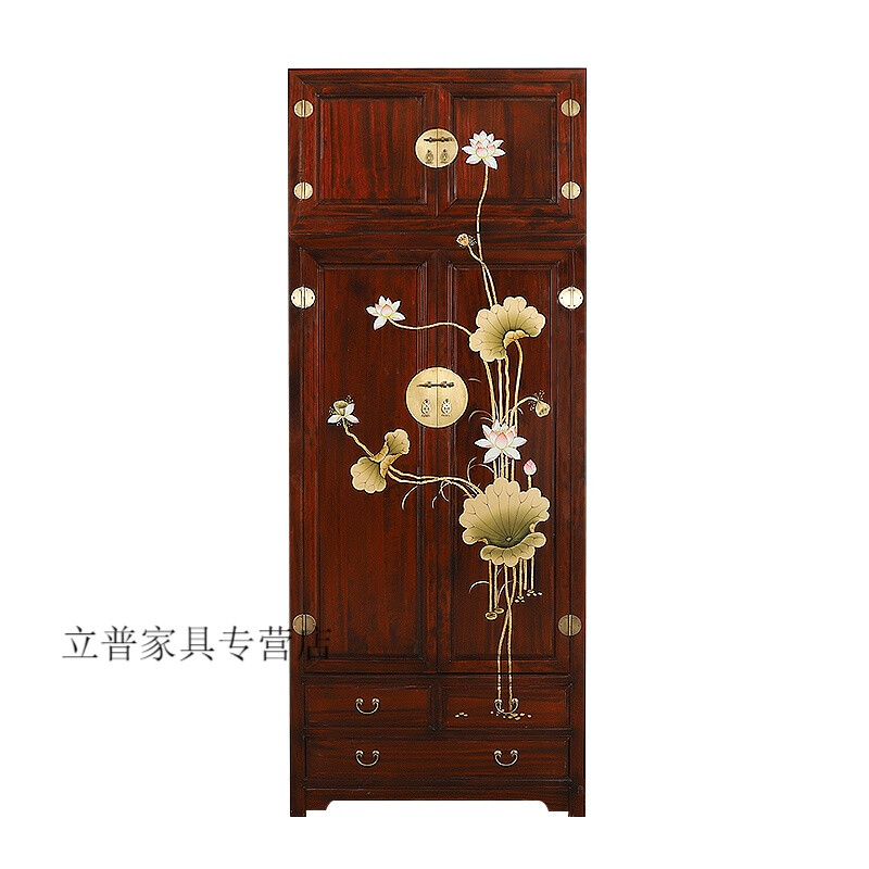 實(shí)木衣柜全實(shí)木新中式臥室全實(shí)木衣柜簡(jiǎn)約現(xiàn)代衣櫥新中式手繪香樟木衣柜家用臥室雙門大衣櫥儲(chǔ)物防蟲蛀立柜子 花梨色荷花頂箱柜100*55*240 2門 整裝